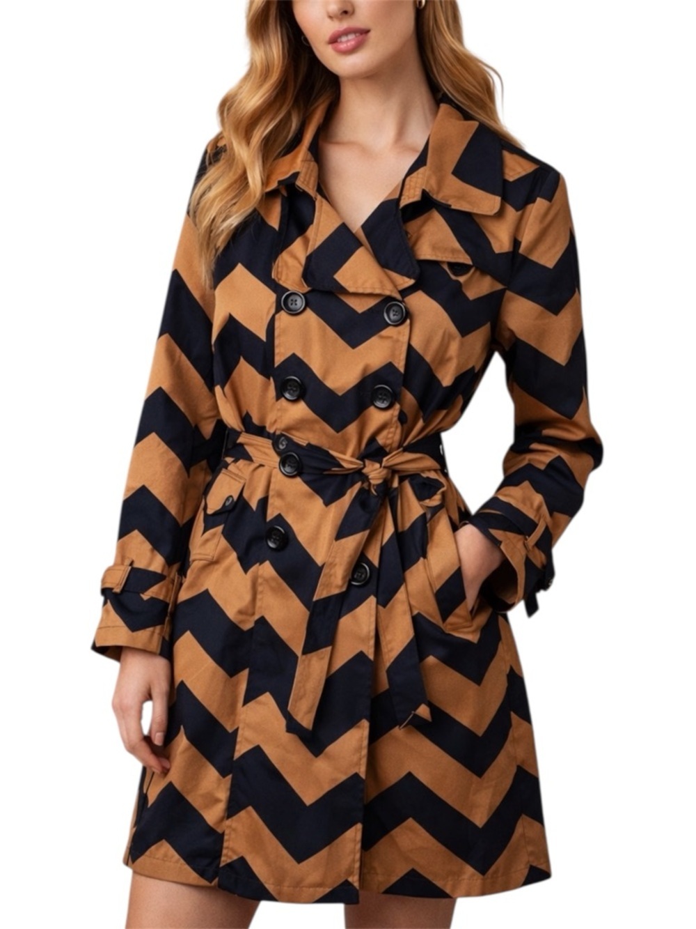 John Paul Richard Zigzag Trench Coat Black Brown Belted Double Breasted PL